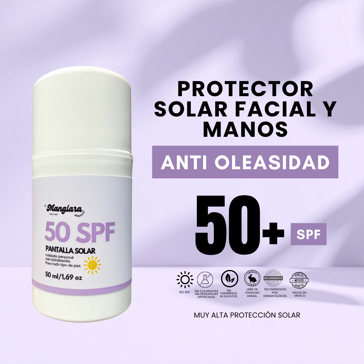 Bloqueador Protector Solar Mineral Facial en Gel SPF 50 Manglara Uso Diario Hidratante Todo Tipo de Piel No Grasoso 50ml